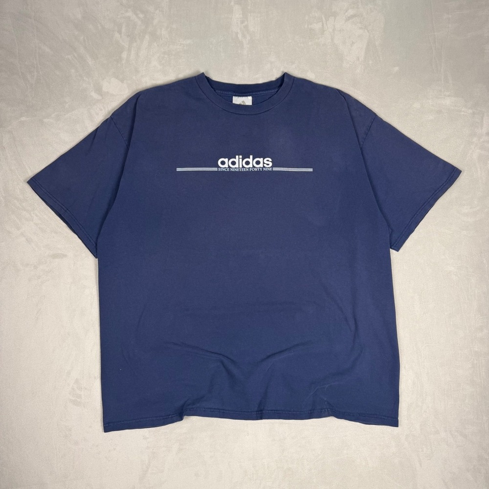 Y2K Mens Adidas Since 1949 Graphic Logo T-Shirt Navy Blue XL